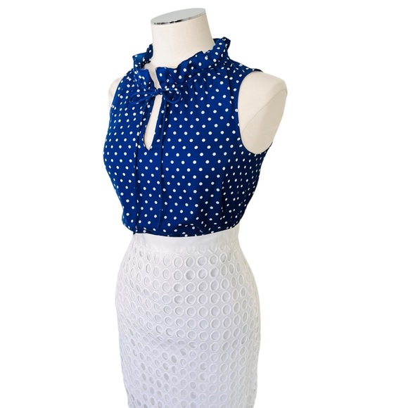 J. CREW FACTORY Polka Dot Ruffle Blouse Sleeveless Style A8174 Blue White Sz 0 - Picture 4 of 13